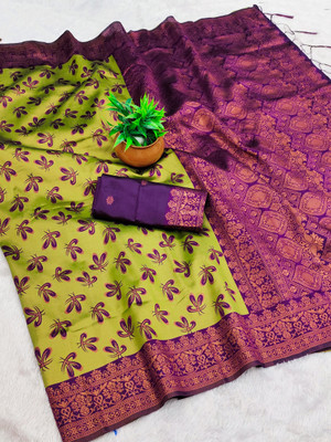 AVANTIKA FASHION Woven Kanjivaram Pure Silk, Art Silk Saree(Yellow, Purple)