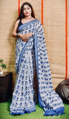 Dixon Printed, Self Design, Woven Handloom Pure Cotton Saree(White, Blue)