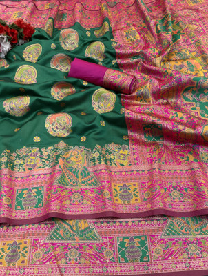 DEV SHREE SILK Woven, Embellished, Temple Border Banarasi Jacquard Saree(Pink, Green)