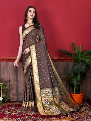 PHEASANT Woven, Applique, Embellished, Dyed Paithani Pure Silk, Art Silk Saree(Brown)