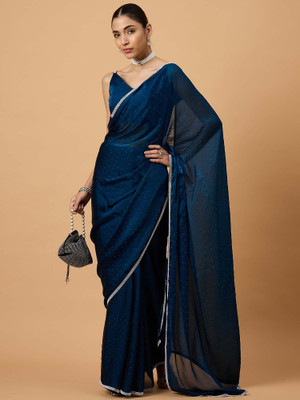 Sareemall Embellished Bollywood Satin Saree(Dark Blue)