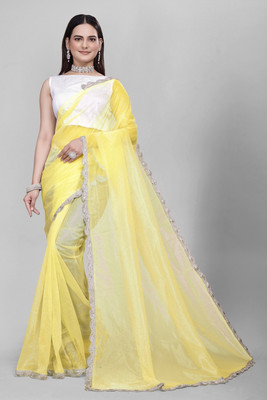 swara fashion Printed Bollywood Net Saree(Yellow)
