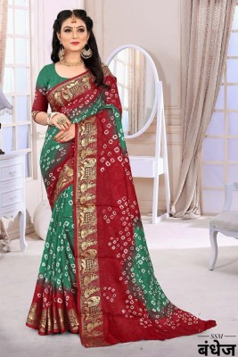 S M PATEL CO Printed Bandhani Art Silk Saree(Green, Maroon)