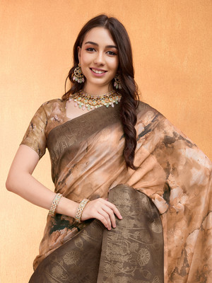 MANTROTSAV Digital Print Bollywood Cotton Blend Saree(Brown)