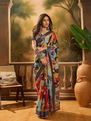 ShopGlobal Printed Banarasi Pure Cotton Saree(Multicolor)