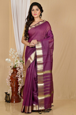 DipDiya Solid/Plain, Embellished, Woven Handloom Cotton Silk Saree(Purple)