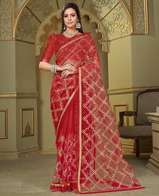 Sariya Embroidered, Embellished Bollywood Net Saree(Red)