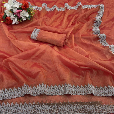 devashiri Self Design Bollywood Linen Saree(Orange)