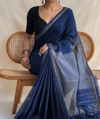 JHIILU Woven, Solid/Plain Handloom Pure Cotton Saree(Blue)