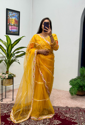 GOLDOLL FAB Embroidered Daily Wear Net Saree(Yellow)