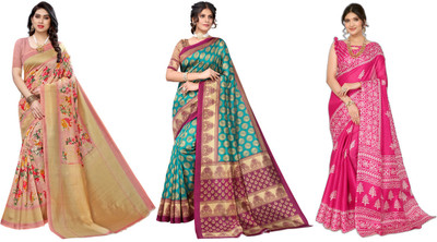 Nirvaan Printed Kasavu Art Silk Saree(Pack of 3, Multicolor)