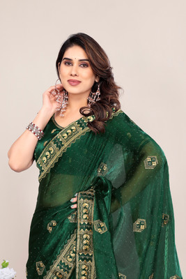KHRITI FAB Embroidered Bollywood Jimmy choo Saree(Green)
