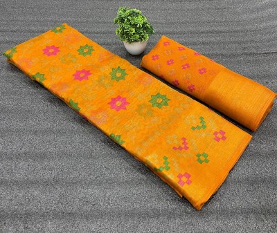 Grubstaker Printed Daily Wear Cotton Linen Saree(Yellow)