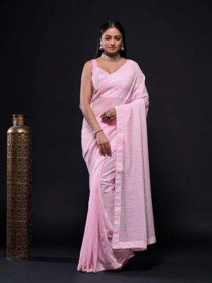odette Embellished Saree with Attached Blouse Georgette Saree(Pink)