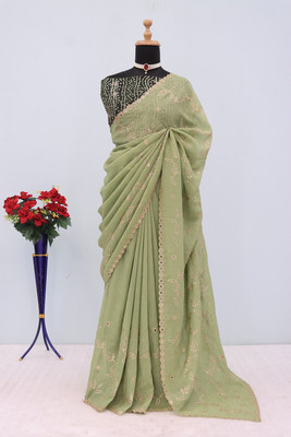 KHRITI FAB Embroidered Bollywood Chiffon Saree(Green)