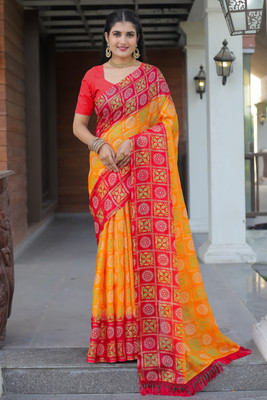Kanooda Prints Printed Bollywood Net Saree(Yellow)