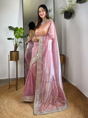 ShivGori Embroidered Bollywood Tissue, Silk Blend Saree(Pink)