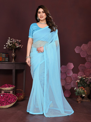 Anand Sarees Solid/Plain Bollywood Net, Lace Saree(Light Blue)
