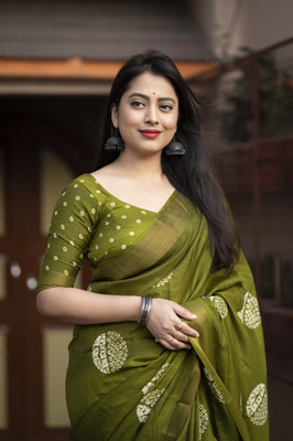 balaji world Printed Banarasi Cotton Blend, Dupion Silk Saree(Green)