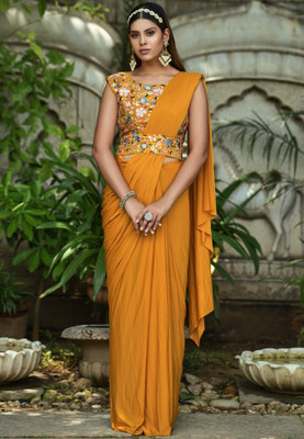 FLAMEKYZER Solid/Plain Bollywood Silk Blend Saree(Mustard)