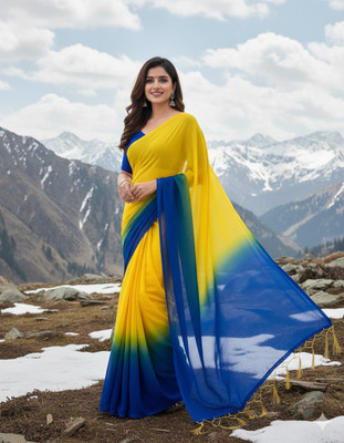 Pixel Craft Color Block Daily Wear Georgette Saree(Yellow, Blue)