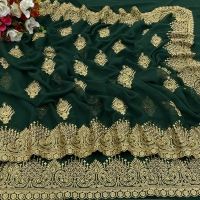 KanjiQueen Embroidered Bollywood Georgette Saree(Dark Green, Gold)