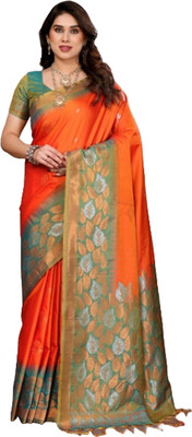 MOON VOGUE Printed Saree with Attached Blouse Art Silk Saree(Orange)