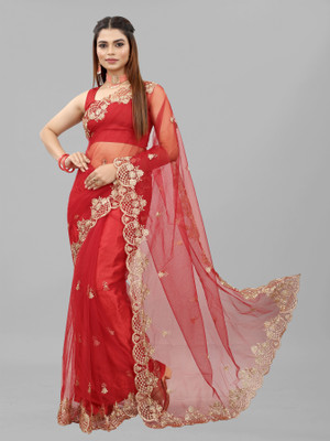 Yashvi Designer Embroidered Bollywood Net Saree(Red)