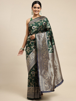 HouseOfCommon Self Design Banarasi Jacquard Saree(Dark Green)