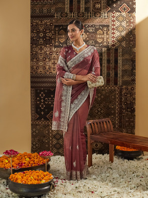 KASEE Embellished Chanderi Supernet Saree(Pink)