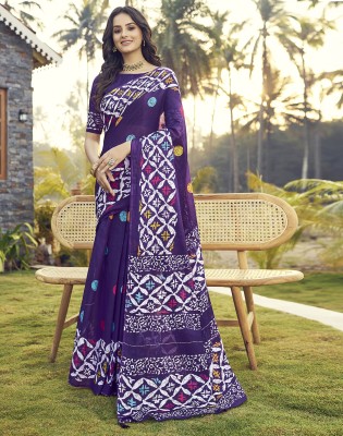 Samah Floral Print, Geometric Print Bollywood Pure Cotton Saree(Purple, White)