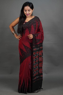 Rnn Saree Printed Sambalpuri Cotton Silk Saree(Red, Black)