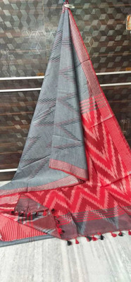 govind handloom Printed Bollywood Cotton Linen Saree(Red, Grey)
