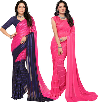 Moda Rapido Self Design, Striped, Ombre Bollywood Satin Saree(Pack of 2, Pink, Blue)