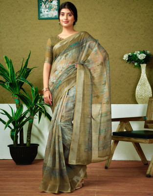all about you Digital Print, Floral Print, Embellished Bollywood Linen Saree(Green)