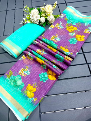 Saaransh Floral Print Kanjivaram Linen, Cotton Silk Saree(Purple)