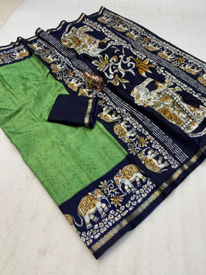 SDGRATITUDE Printed Kalamkari Cotton Linen, Cotton Silk Saree(Light Green)