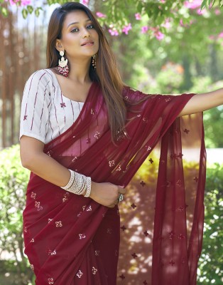 Samah Dyed, Embroidered, Embellished Bollywood Chiffon, Georgette Saree(Maroon, White)