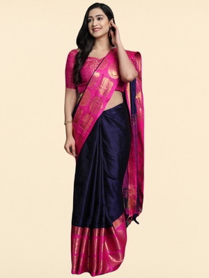 Divastri Embellished, Woven, Self Design Dharmavaram Cotton Silk Saree(Dark Blue)