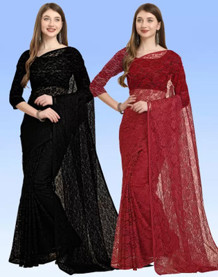 Vragi Woven Bollywood Net Saree(Pack of 2, Black, Maroon)