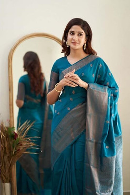 Nirvaan Solid/Plain Banarasi Cotton Silk, Jacquard Saree(Blue)