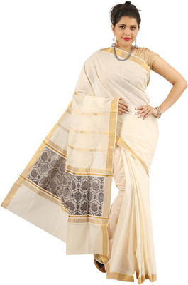 RSV Self Design Kasavu Cotton Blend Saree(White)