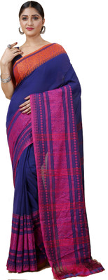 Ruuprekha Temple Border Handloom Cotton Blend Saree(Dark Blue)