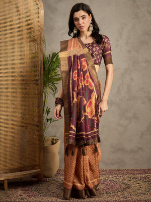 Tasrika Printed Banarasi Silk Blend Saree(Multicolor)