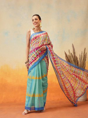 SILK ZONE Digital Print Pre Draped Saree Cotton Blend Saree(Multicolor)
