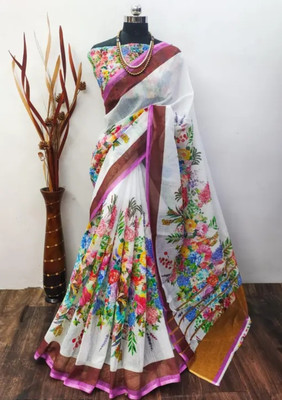 Arpita Fashion Floral Print Bollywood Linen Saree(Multicolor)