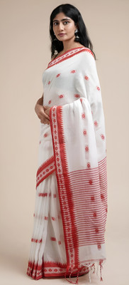 UR Affection Solid/Plain Handloom Pure Cotton Saree(White, Red)