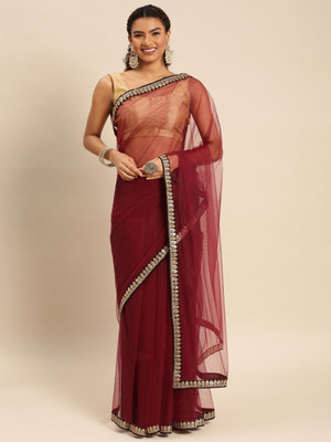 KASEE Solid/Plain Bollywood Net Saree(Maroon)