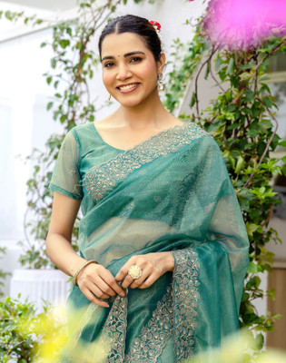 Satrani Embroidered Bollywood Net Saree(Light Blue)