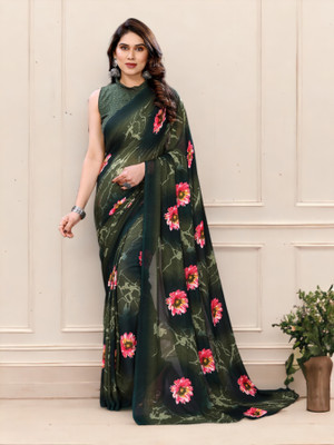 Divastri Floral Print Bollywood Georgette Saree(Green)